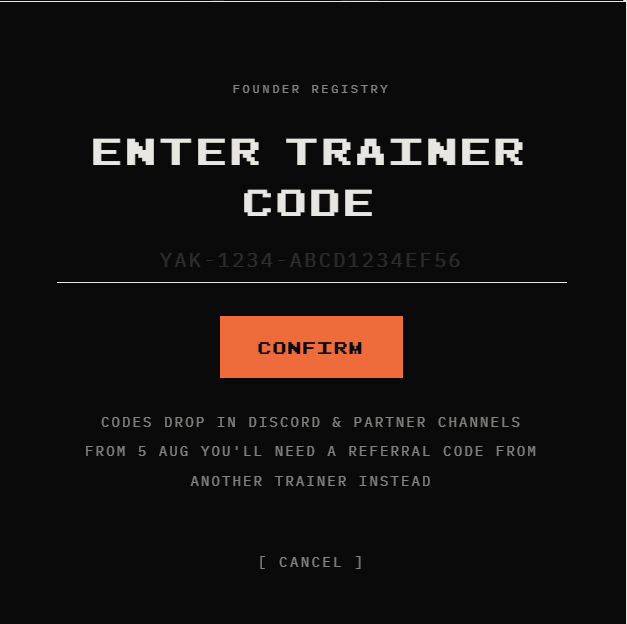 The Enter Trainer Code screen on yakkamon.com, with a code entered and a Confirm button