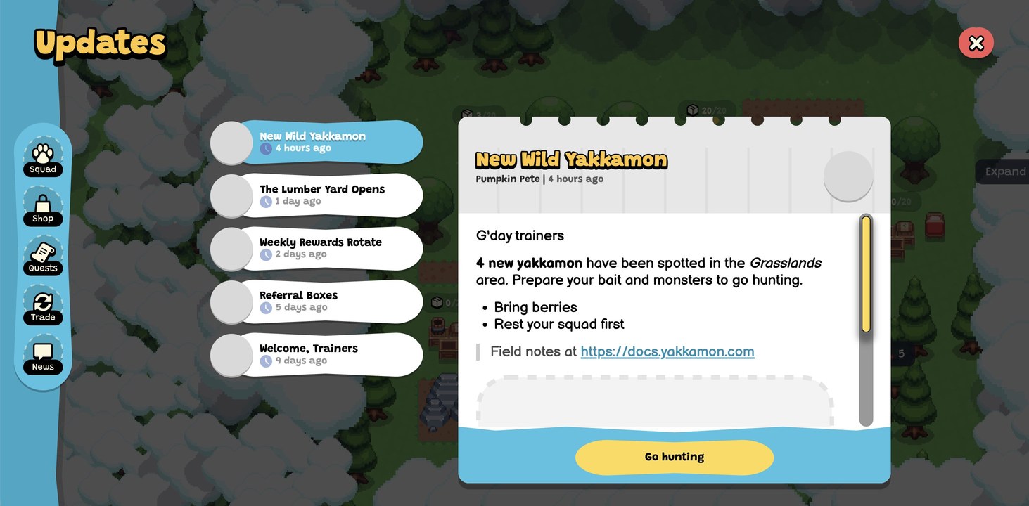 Yakkamon's in-game Updates panel, showing a news feed with five dated posts and an open article titled New Wild Yakkamon by Pumpkin Pete, over a pixel-art overworld with storage counters visible.