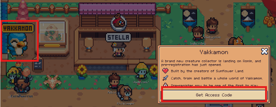 The Yakkamon sign next to Stella in the Sunflower Land Plaza, highlighted in red