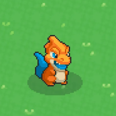 Brazito: a small orange dragon with a blue cape-like pair of wings, grinning, on grass.