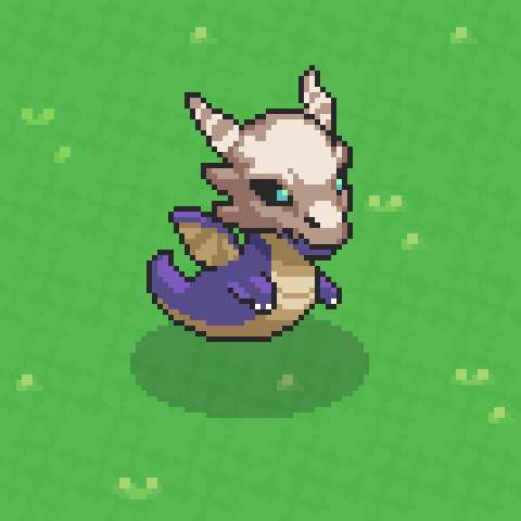 Kova: a purple dragon wearing a pale horned skull over its head, on grass.