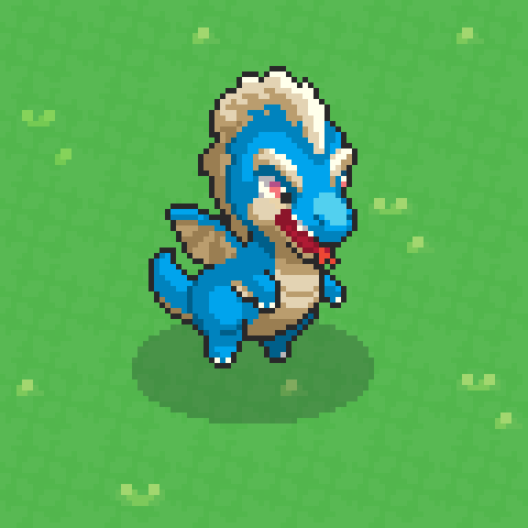 Ondi: a blue dragon with a tan mane and a red tongue, standing on grass.