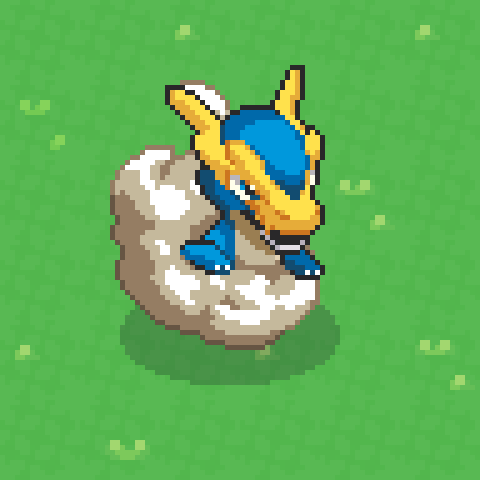 Raigo: a yellow and blue dragon curled inside a split pale stone, on grass.