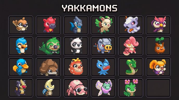 Official Yakkamon roster sheet headed YAKKAMONS, showing twenty-three creature portraits: three full rows of six and a fourth row of five.