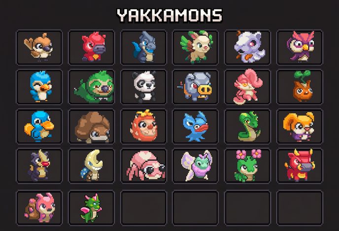 Official Yakkamon roster sheet headed YAKKAMONS, showing twenty-six creature portraits: four full rows of six and a fifth row of two, with four slots still empty. The second slot of the fifth row now holds a green dragon with pink horns and wings.