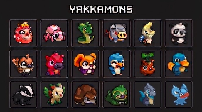 Official Yakkamon roster sheet headed YAKKAMONS, showing eighteen creature portraits in a three-by-six grid of dark slots.