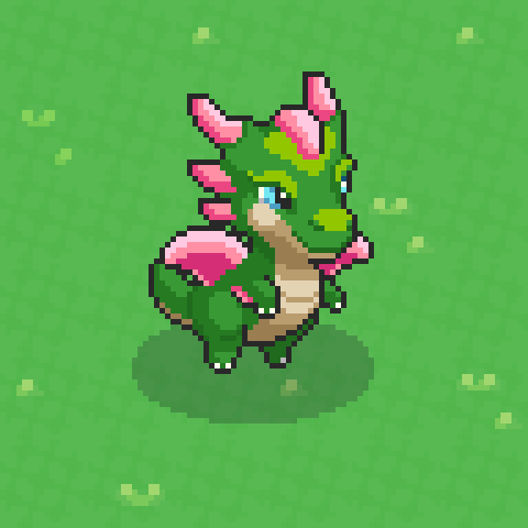 Salu: a green dragon with pink horns and pink wings, standing on grass.